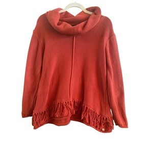 Pure Knit Orange Woman's Cotton Knit Sweater Fringed Hem Small/Medium Cowl‎ Neck